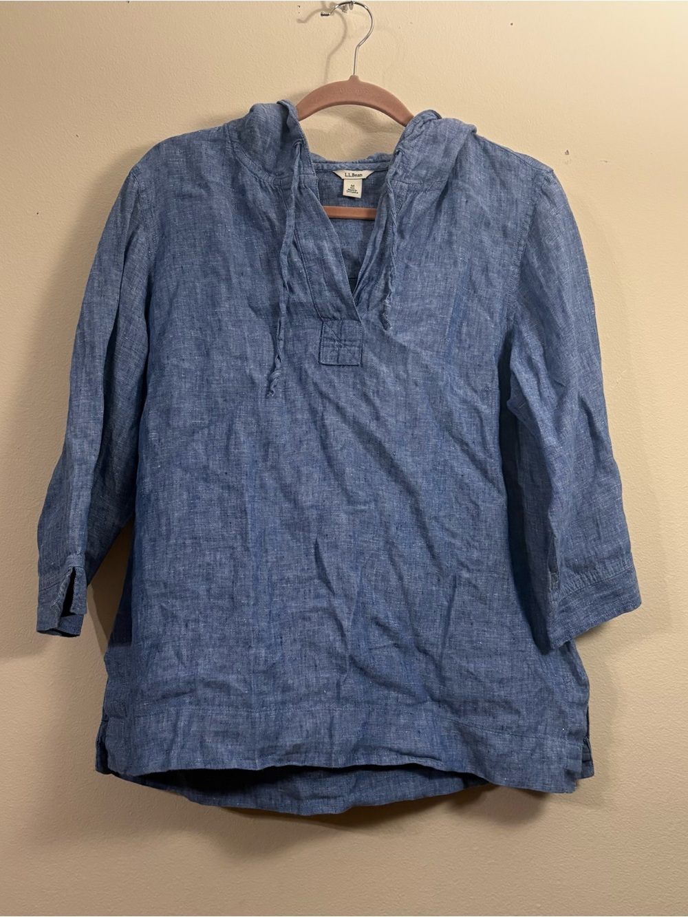 L.L. Bean Linen Hoodie Top Womens M Blue 3/4 Sleeve V-Neck Pullover Coastal